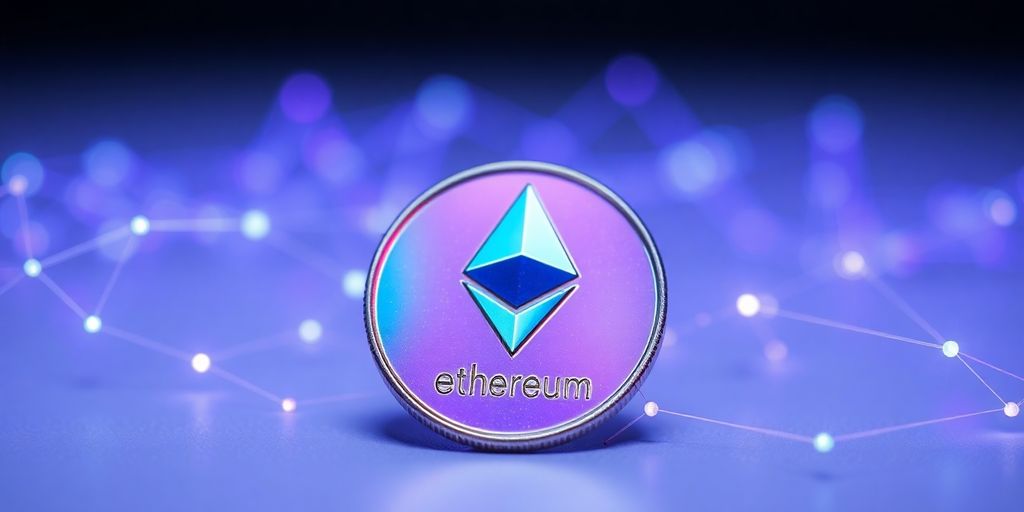 Glowing Ethereum coin with network lines.