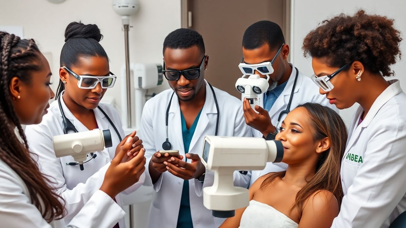 Dermatologistas analisando pele de pacientes em clínica moderna