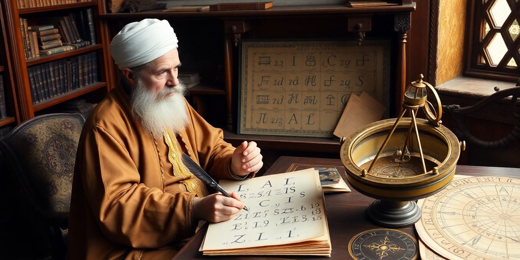 An ancient scholar writing algebraic equations on aged parchment.