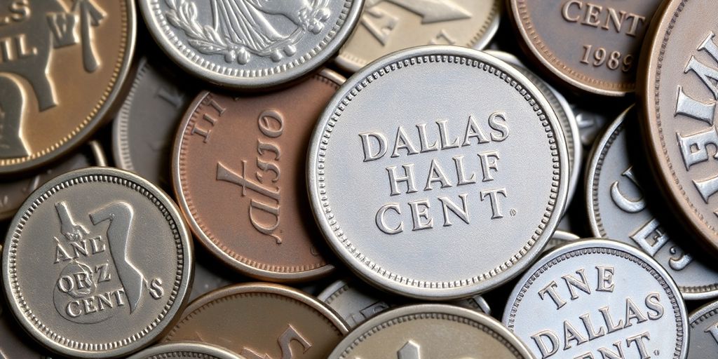Close-up of a worn Dallas half cent coin.