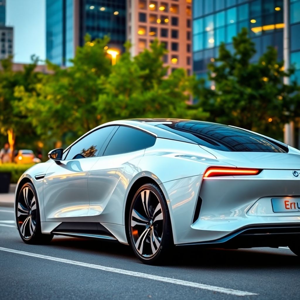 Futuristic electric car in an urban setting at night.