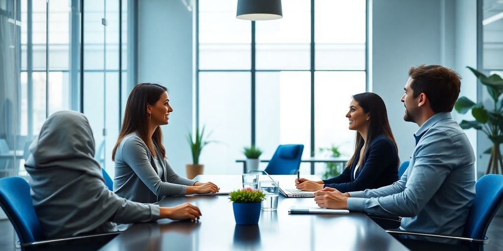 5 Vorteile eines Werkvertrags für Unternehmen Professionelles Büro mit Recruitern und Kandidaten im Gespräch.