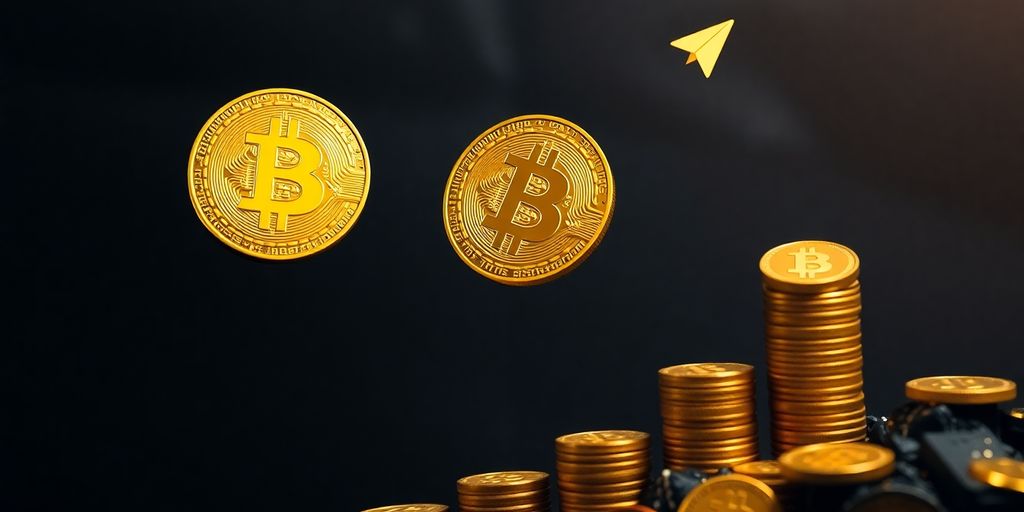 Bitcoin and gold coins rising.