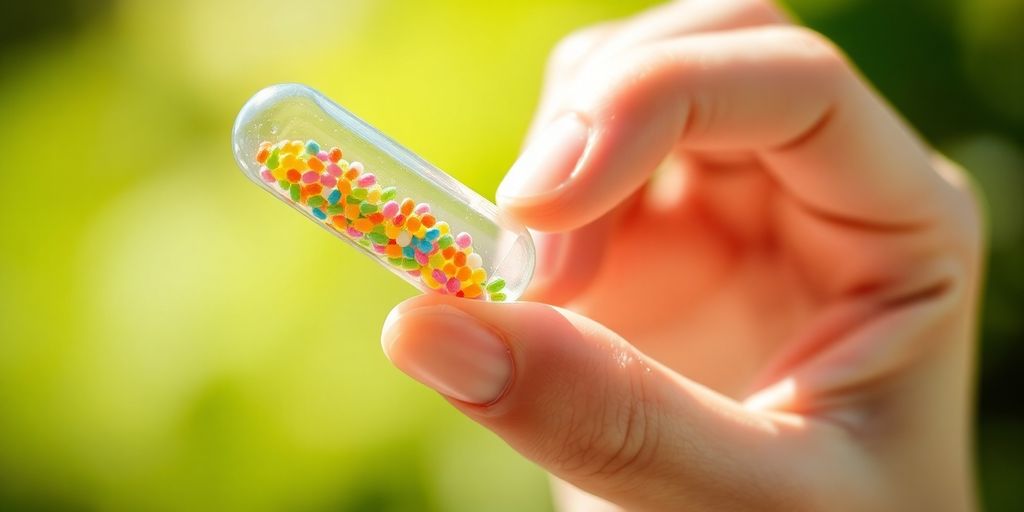 Person happily taking a vitamin capsule.