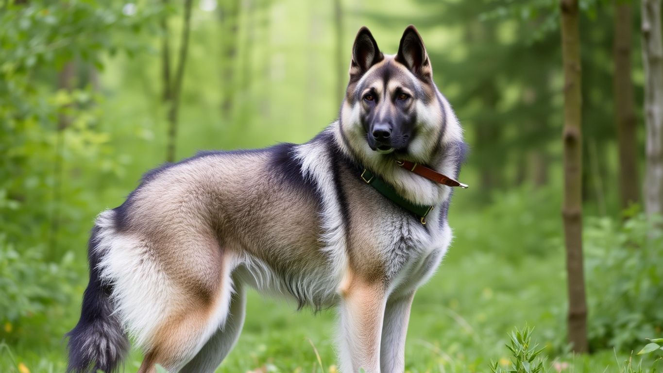 Norwegian Elkhound in gray and black fur in forest.