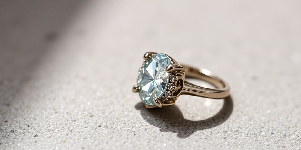 Bague en bijou sur surface texturée, lumière douce.