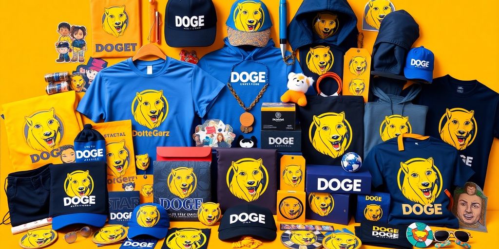 Colorful DOGE merchandise including clothing and accessories.