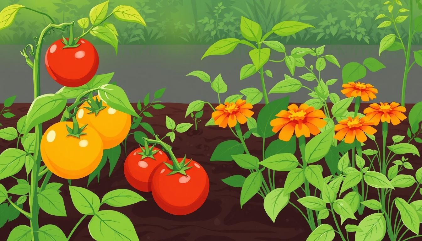Thriving garden with companion plants like tomatoes and basil.