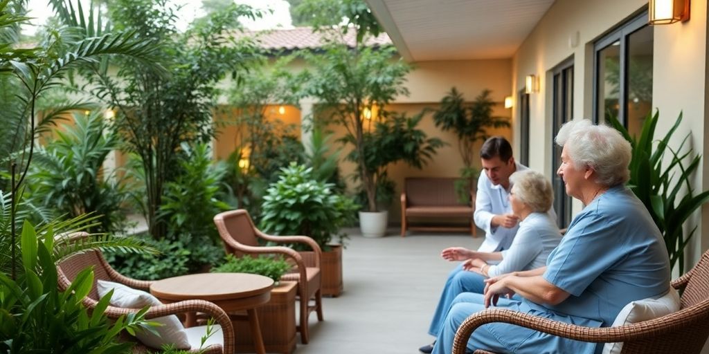 Casa de repouso com ambiente acolhedor e natureza.