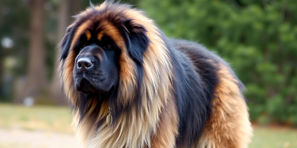 Majestic Tibetan Mastiff with thick mane, looking watchful and loyal.