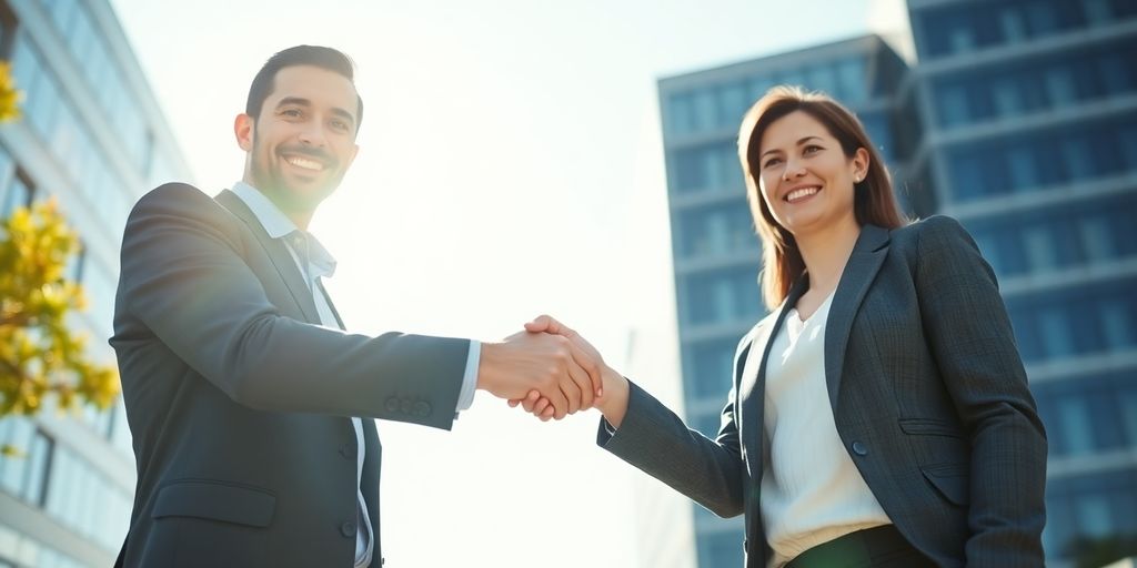 Man and woman smiling, shaking hands, outdoors.