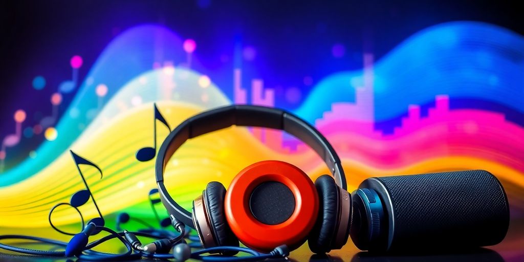 Colorful musical notes and headphones on vibrant background.