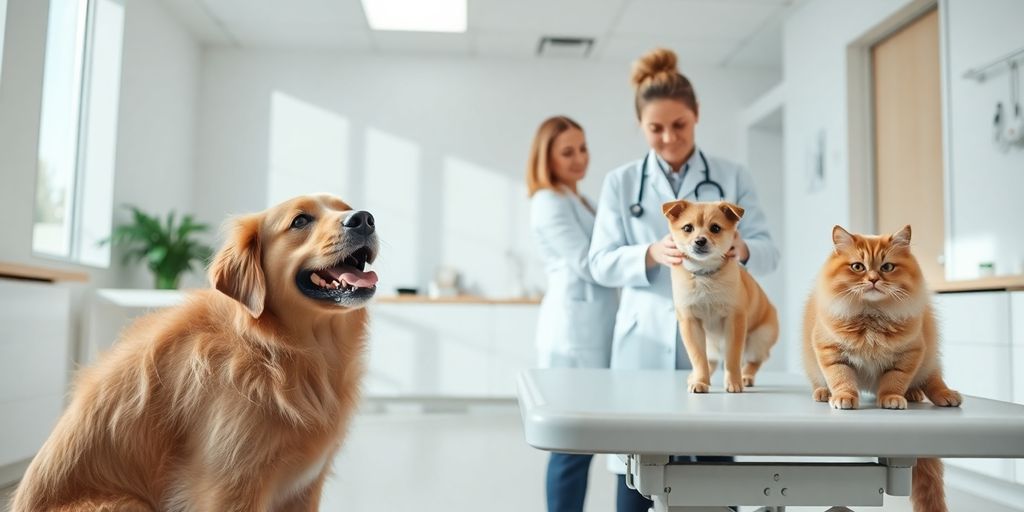 Vet clinic with happy pets and branding.