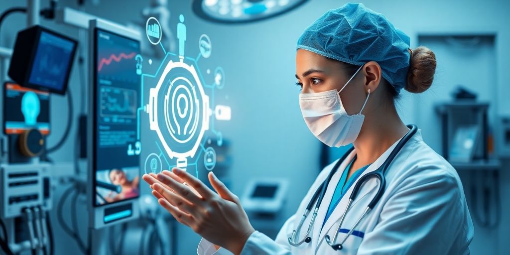 Profesional de salud interactuando con una interfaz de IA.