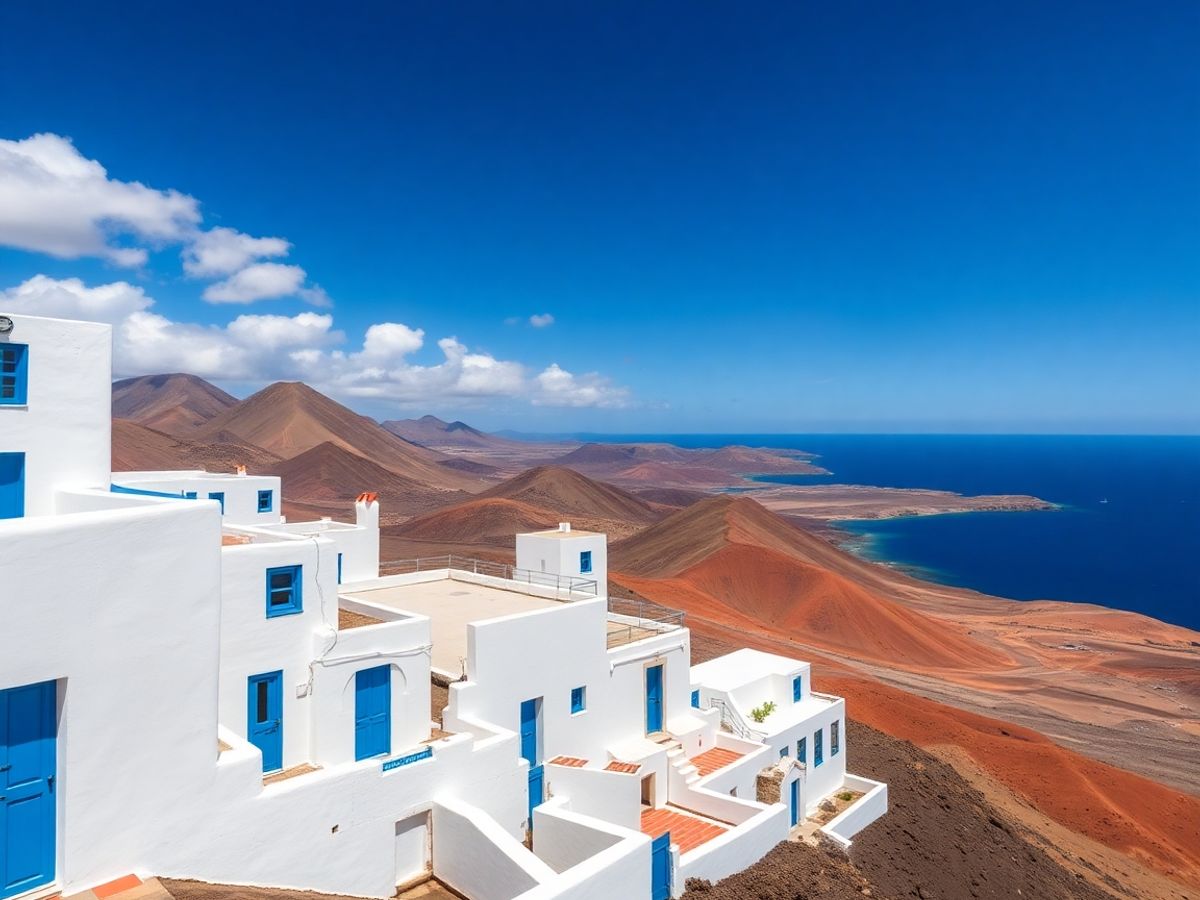 Paisaje volcánico colorido con edificios blancos y océano azul.