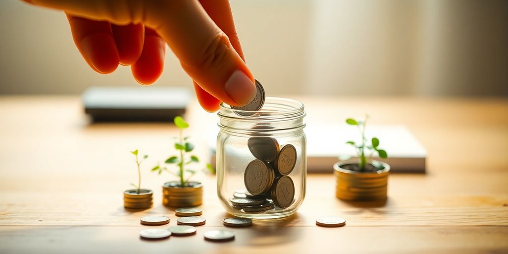 Coins and plants on a desk.
