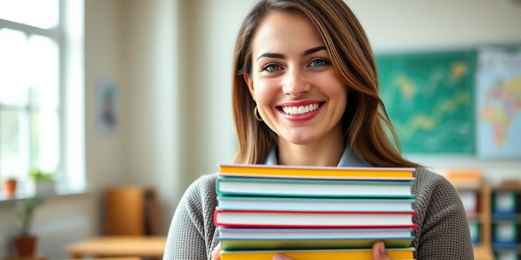 Teacher smiling, holding textbooks, in a bright classroom.