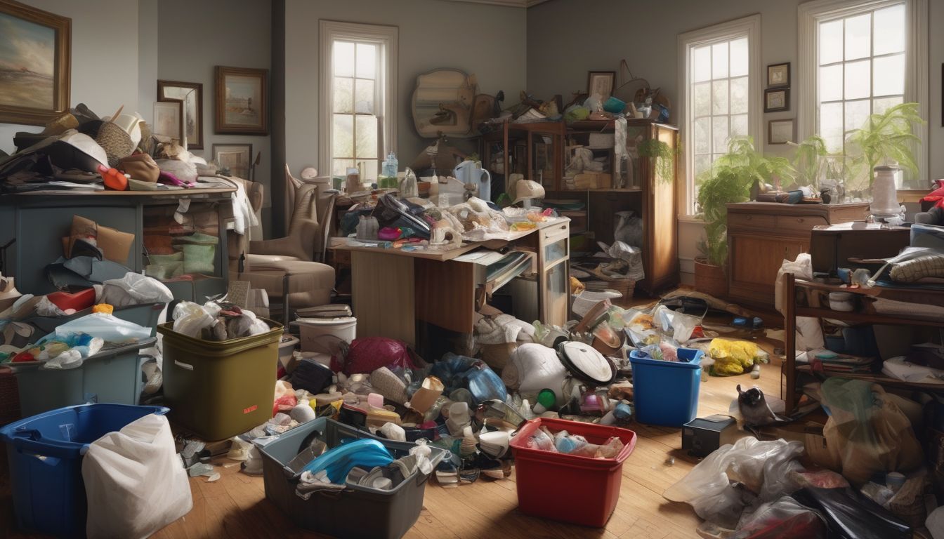 people sorting and categorizing belongings in a cluttered house