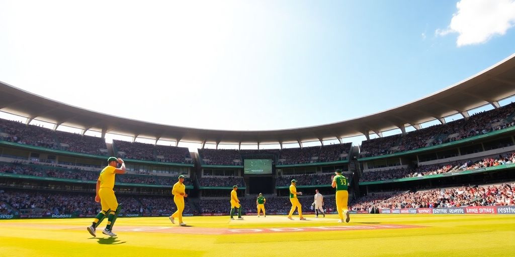 Cricket match action with Australian team in iconic uniforms.