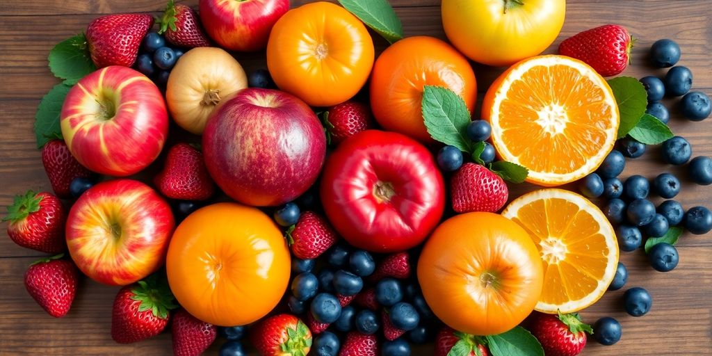 Colorful whole fruits and berries on a wooden table.