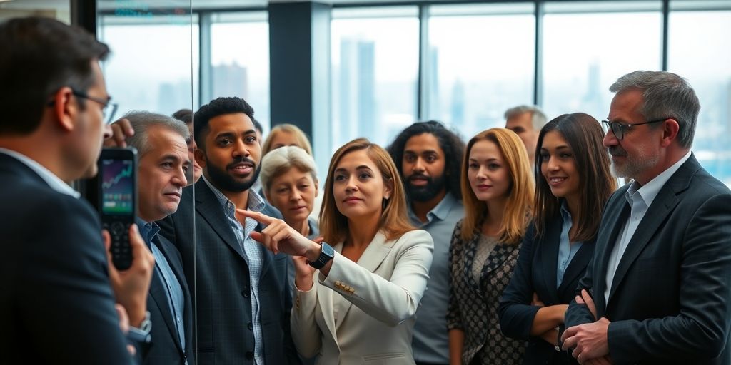 Diverse investors looking at a stock ticker.