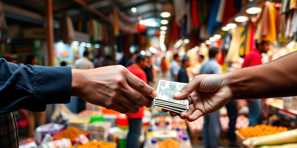 Diverse hands exchanging money, vibrant market background.