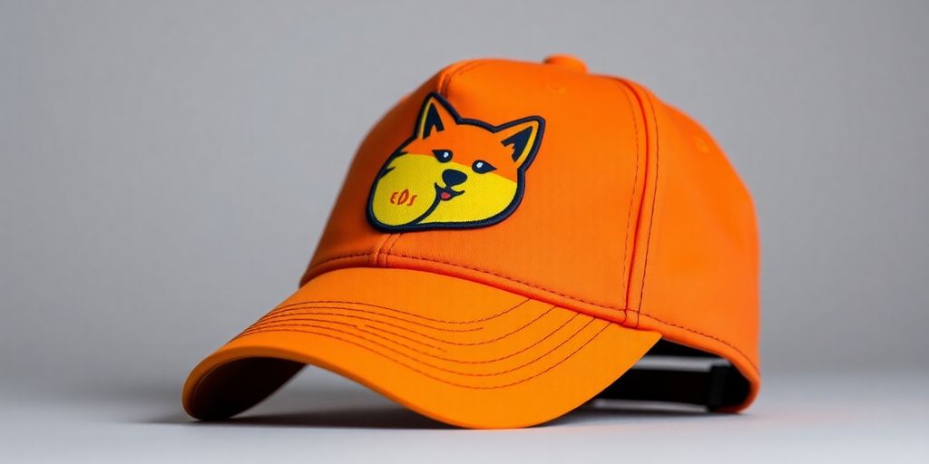 Colorful Efficiency Dad Hat with Dogecoin logo.