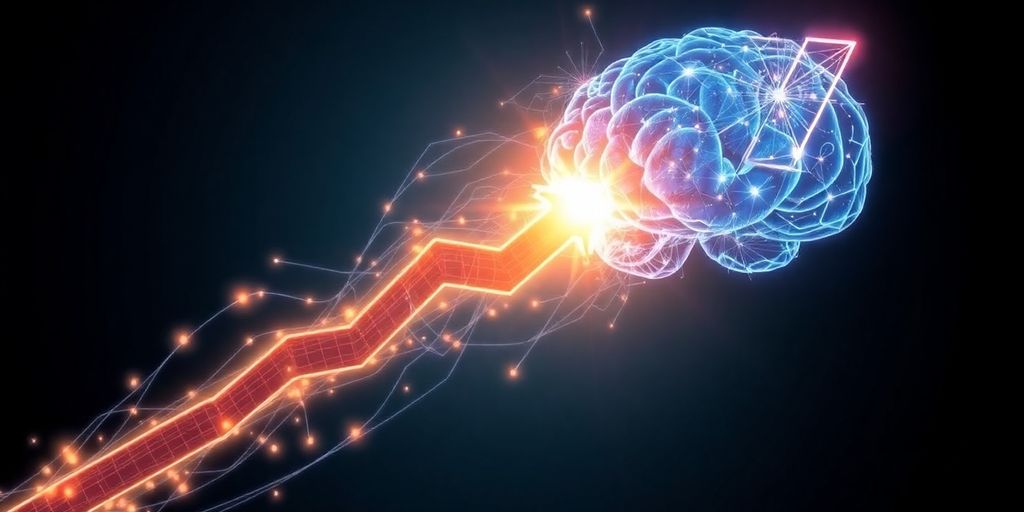 AI brain with glowing connections driving upward business trajectory.