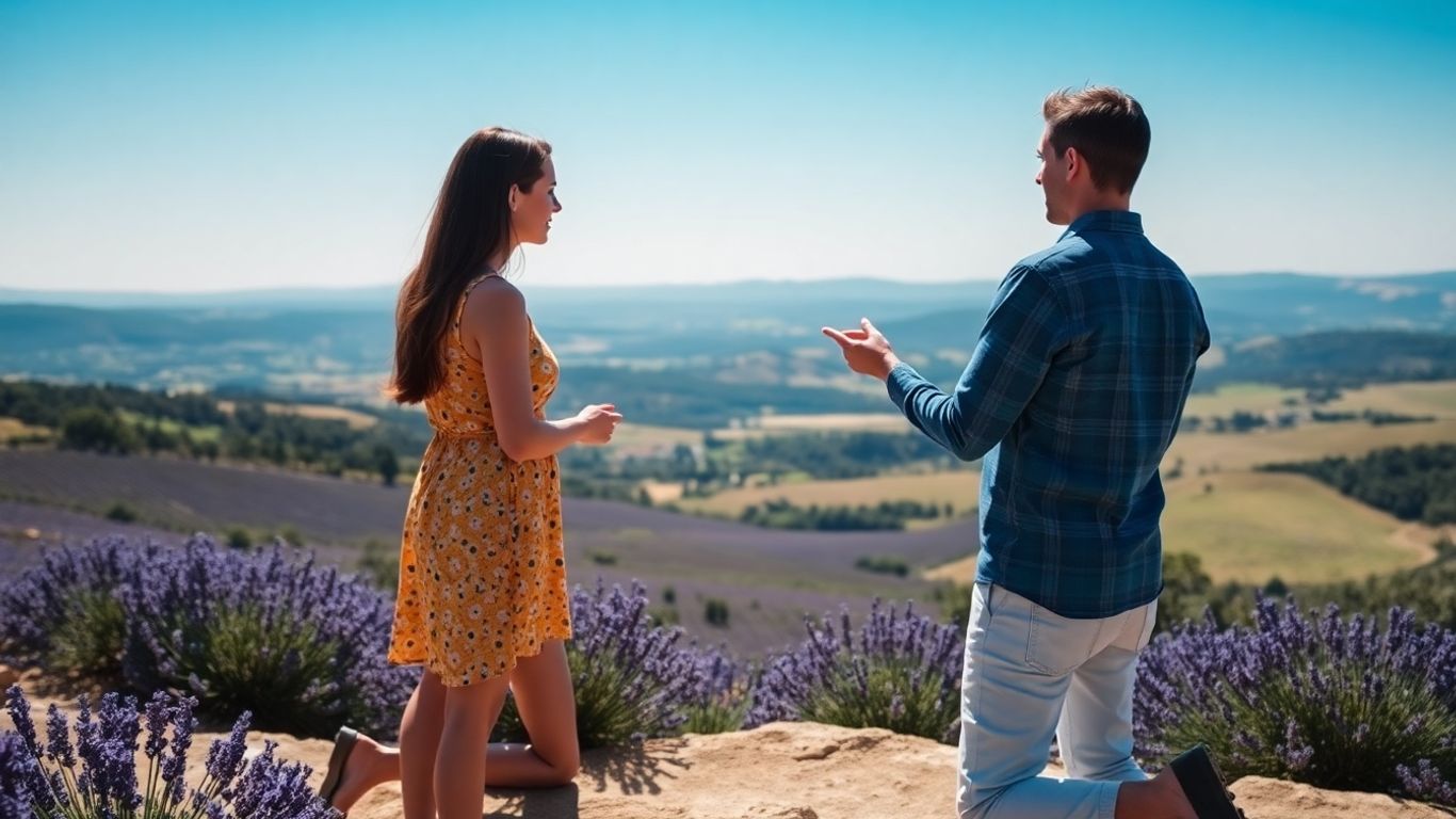 Demande en mariage romantique en Provence avec champs de lavande.