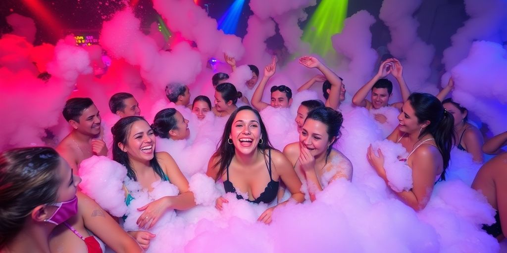 Group of people enjoying a lively foam party.