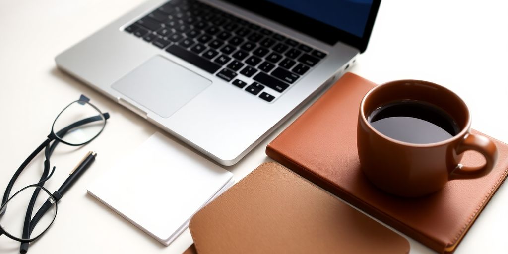 A cozy workspace with a laptop and coffee.