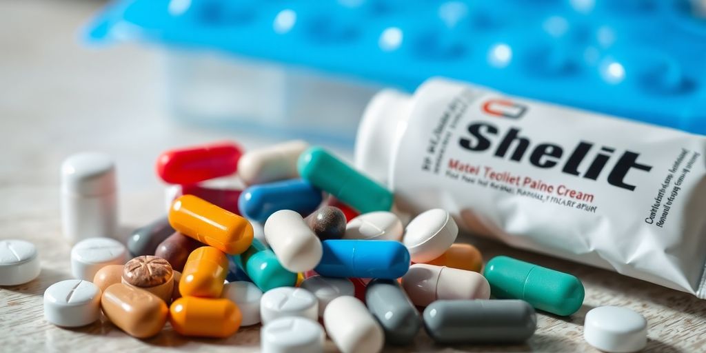 Tablets, capsules, creams, and an ice pack.
