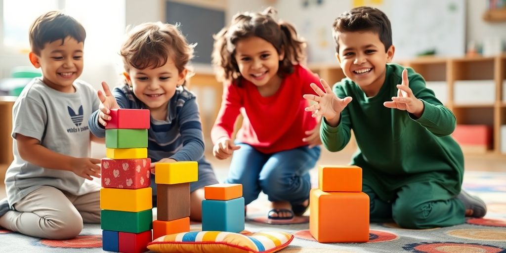 Happy diverse children playing indoors with building blocks.