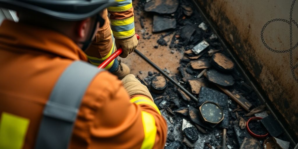 Firefighter cleaning fire damage with tools and debris.