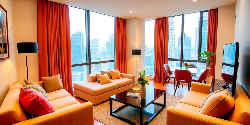 Modern Singapore rental apartment interior with city view.