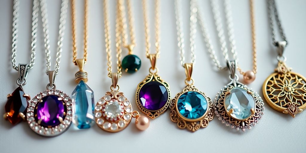 Variety of pendant necklaces displayed elegantly on a soft background.