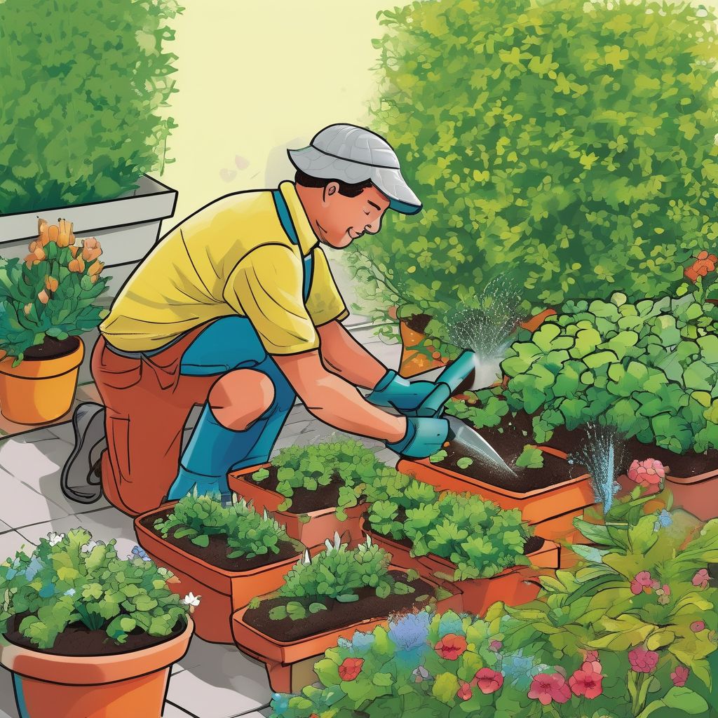 gardener applying fertilizer to container plants in a garden