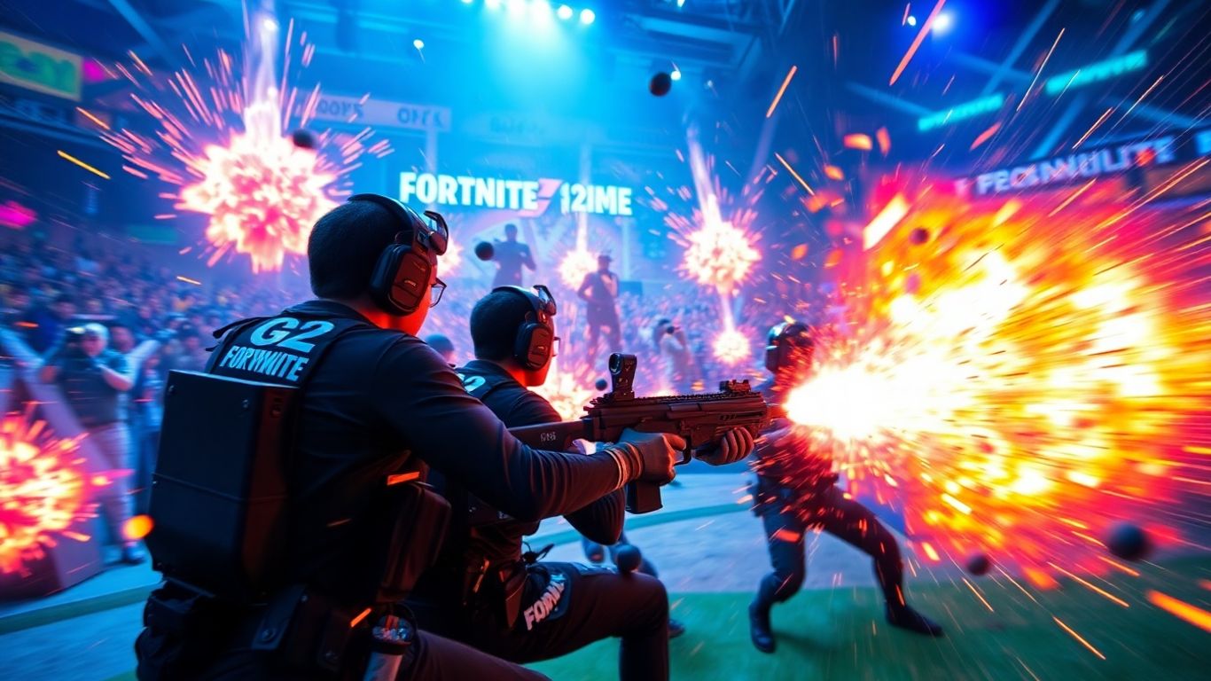 G2 Esports players in intense Fortnite battle with explosions.
