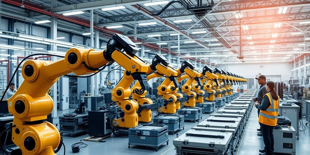 Smart factory with robotic arms and advanced machinery.