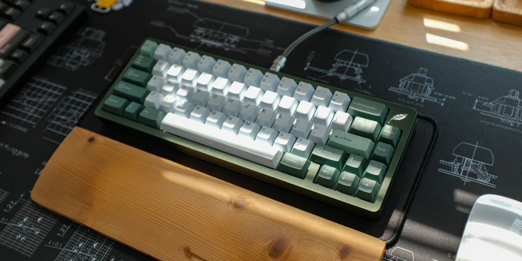 A mechanical keyboard sits on a desk mat.