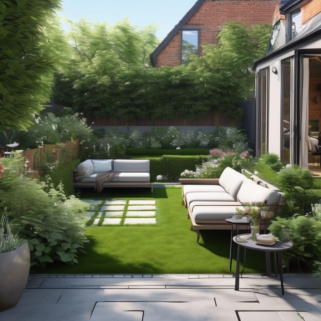tranquil garden design with lush greenery and peaceful seating area