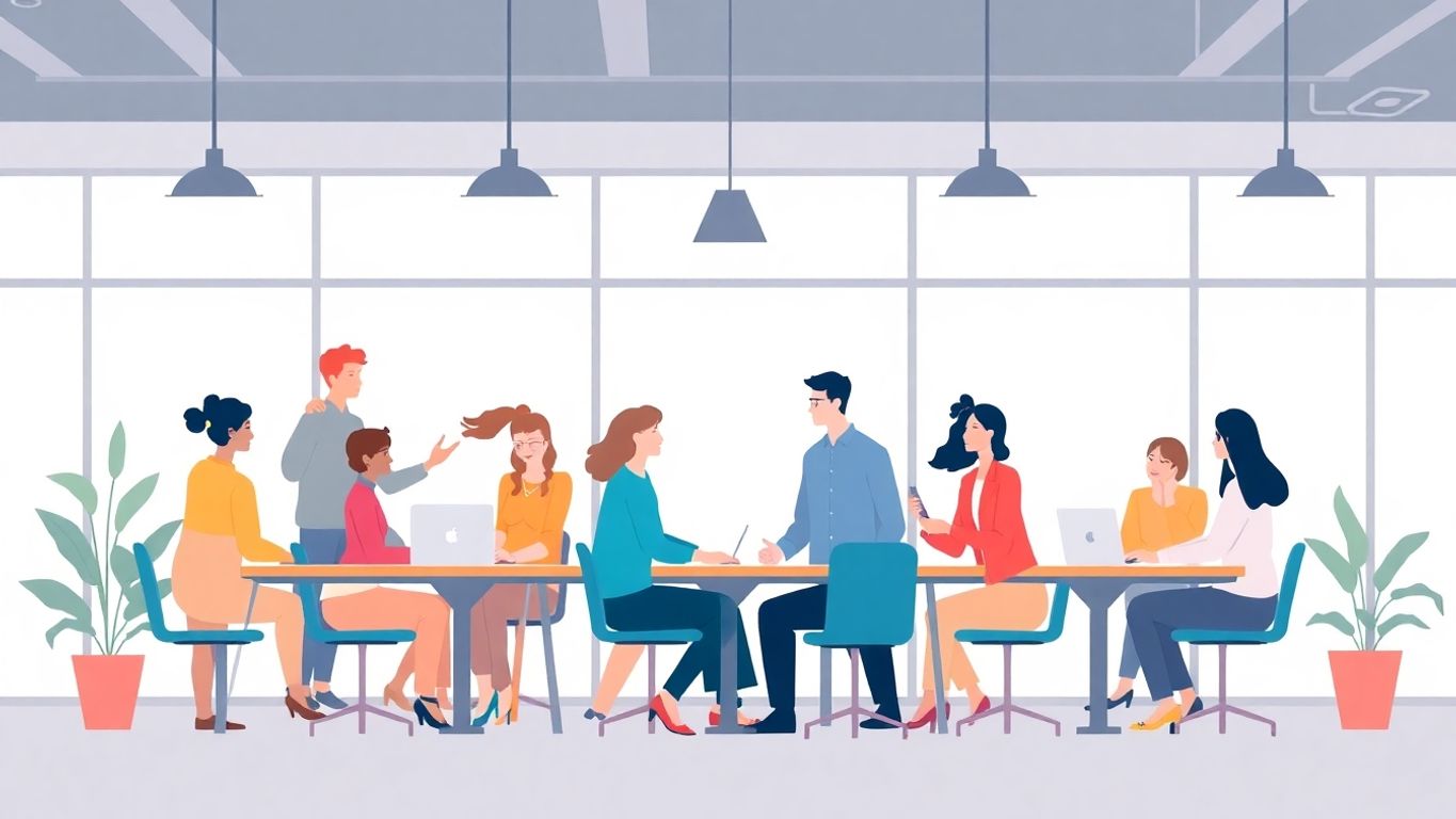 Illustrasjon av engasjerte medarbeidere i samarbeid.
