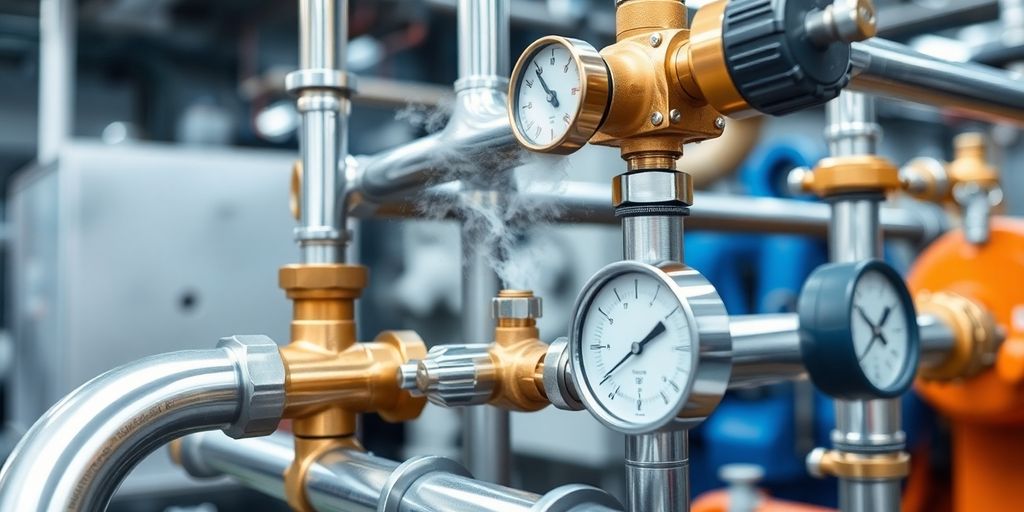 Sistema termoregolazione industriale con valvole e tubazioni