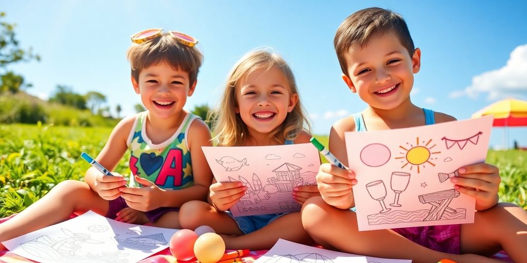 Kids coloring summer-themed pages outdoors in sunshine.