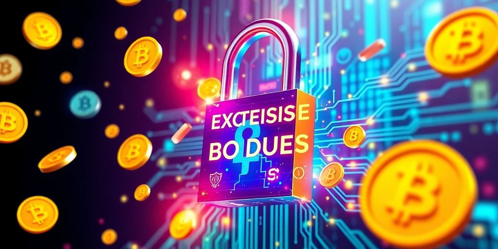 Digital lock unlocking with cryptocurrency symbols around it.