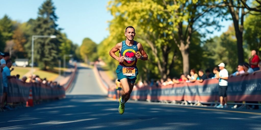 Runner sprinting in a scenic half marathon race.