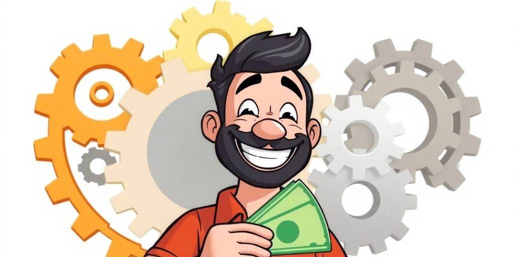 Man smiling, holding cash, gears turning.
