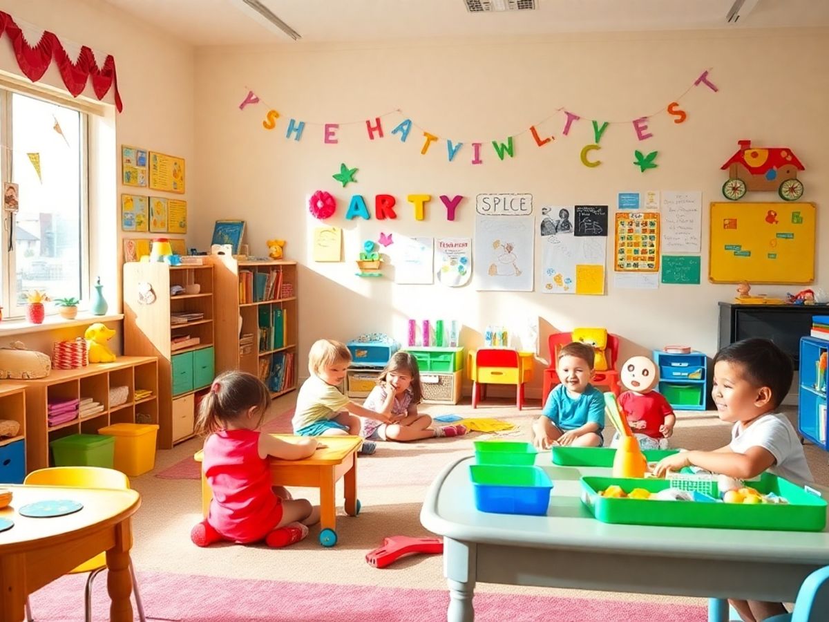 Clasă de grădiniță plină de jucării colorate.