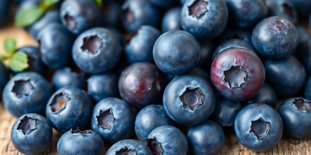 Fresh blueberries on a rustic wooden table.