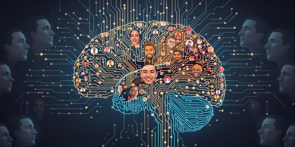 A brain with circuits and diverse human faces around it.